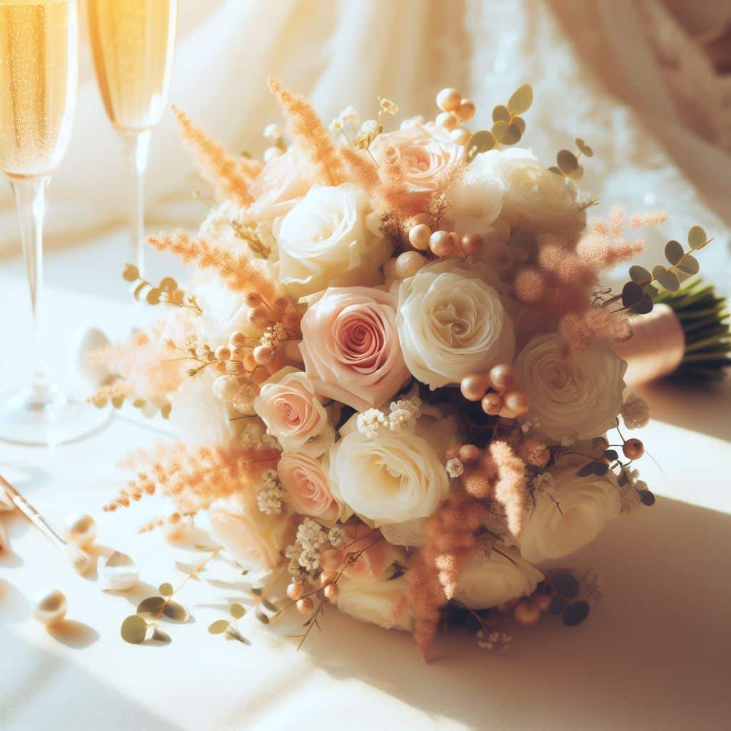 bridal flowers with white table cloth
