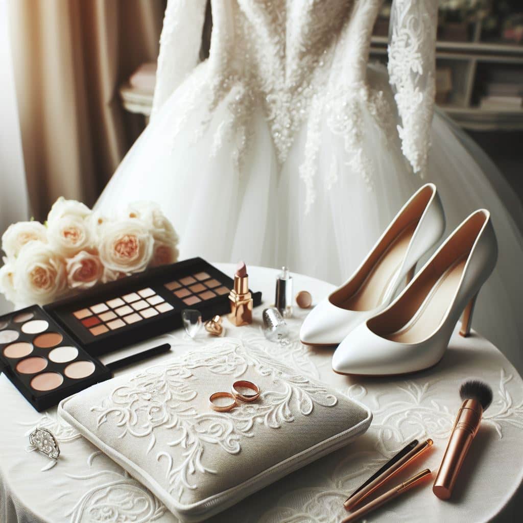 gown, shoes, makeup rings