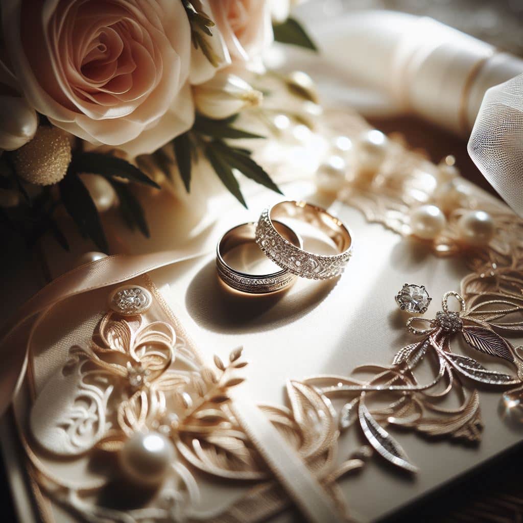 wedding rings on table